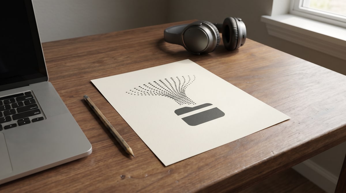 Editorial photograph of an independent artist desk with a laptop showing an ad campaign dashboard, a notebook with hand notes, and a closed coffee mug in warm afternoon light.