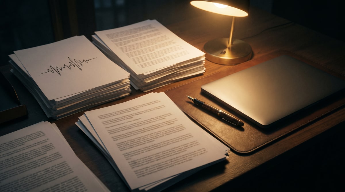 Editorial photograph of a desk with a printed copyright office document, a laptop showing an AI music interface, and a coffee mug in soft window light.