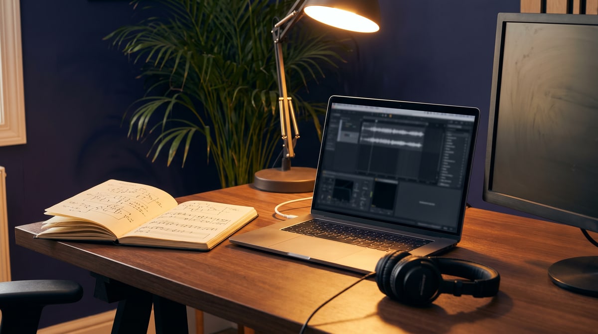 Editorial photograph of a small music studio desk at dusk: an open laptop on a wooden desktop showing a dark audio-workstation timeline with waveforms, an open hardback notebook on the left covered in handwritten notation, a brass articulating desk lamp casting warm light, a pair of over-ear studio headphones in front of the laptop, the edge of a second monitor at right, a leafy potted plant behind, and a deep indigo wall.