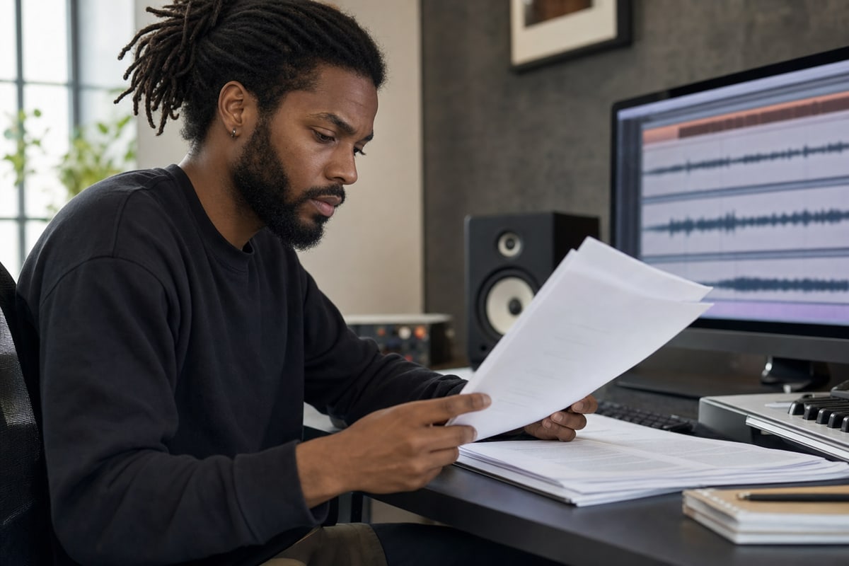 Editorial photograph of a musician at a modern workstation reviewing printed legal documents beside a monitor displaying a blurred audio waveform, no readable screen text, no platform logos, neutral studio environment.