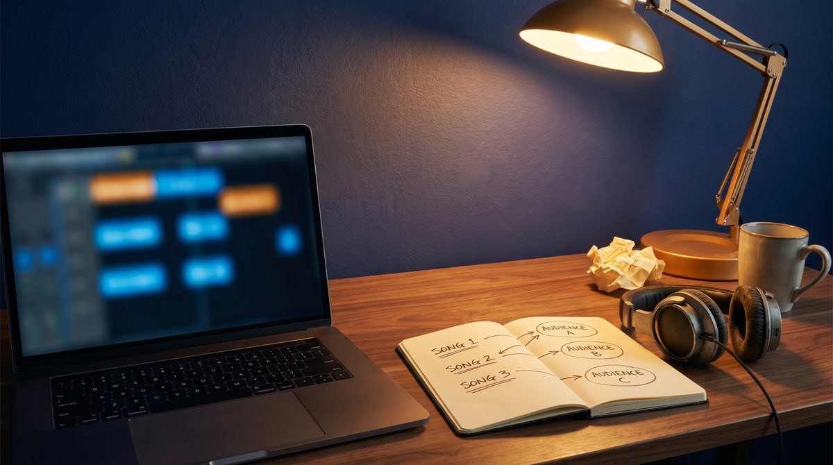 Editorial photograph of a laptop on a wooden desk showing an AI search interface beside a notebook and a coffee mug in soft afternoon light.
