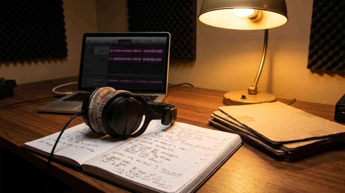 Editorial photograph of an A and R desk with a laptop showing a streaming dashboard, a notebook with hand notes, and a pair of studio headphones in soft afternoon light.