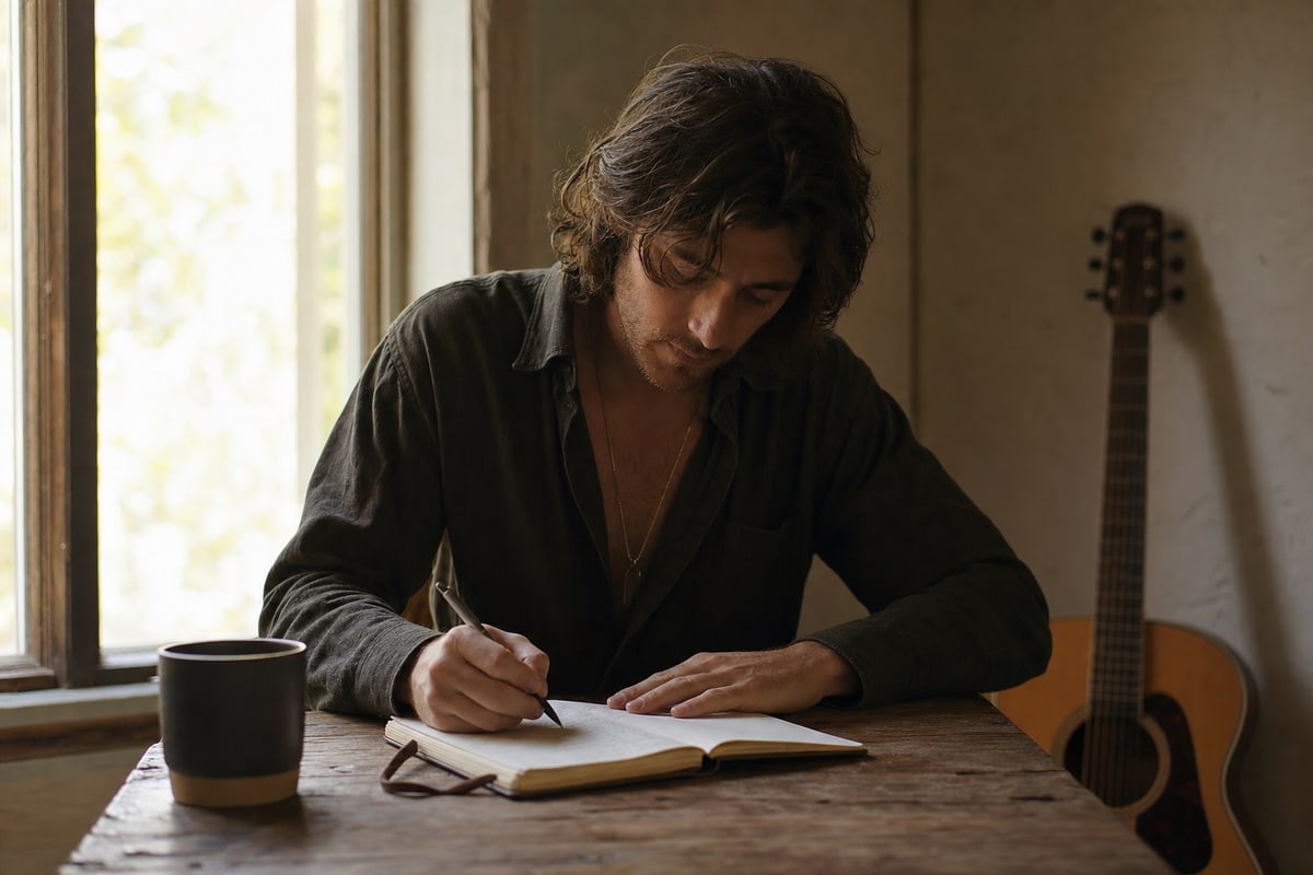 Editorial photograph of an independent songwriter writing in a journal at a rustic wooden desk with a dark mug and an acoustic guitar leaning against a plain wall behind them, natural window light, no text or logos visible.
