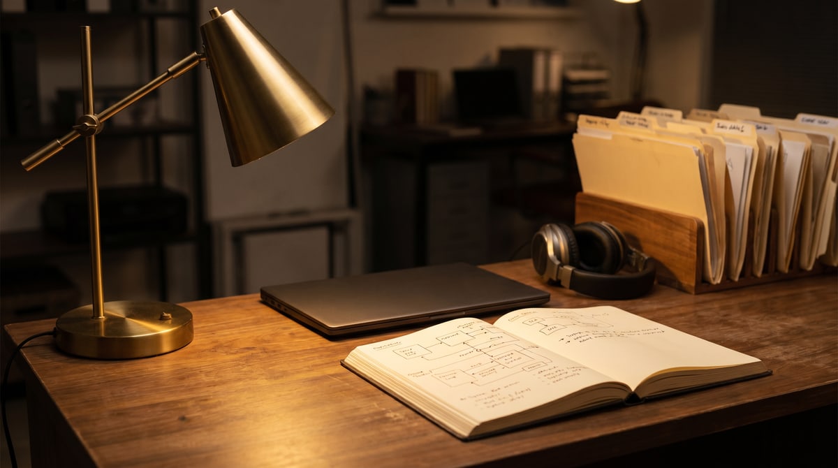Editorial photograph of a wooden desk with a laptop showing a newsletter platform, a leather notebook, and a guitar leaning against the wall in soft evening light.