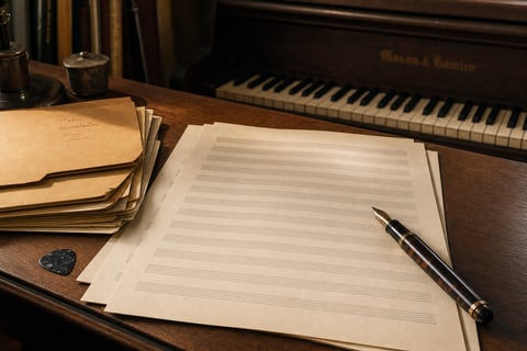 Editorial photograph of a songwriter and publisher working desk in warm afternoon side light: blank music manuscript paper with printed staff lines, a vintage fountain pen, manila folders, a guitar pick, and an upright piano keyboard visible in the background, no PRO logos or readable text.