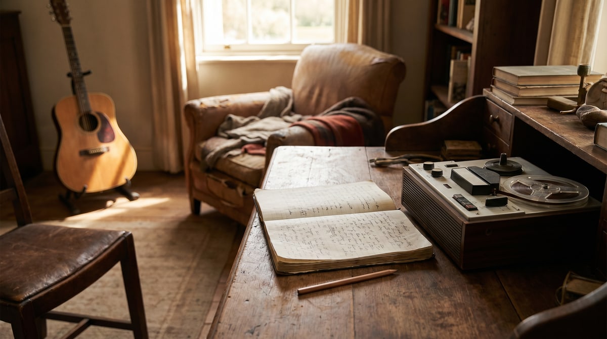 Editorial photograph of an open lyric notebook beside a laptop showing an AI writing tool, with an acoustic guitar on a stand in warm window light.