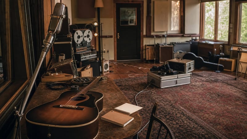 Editorial archive image illustrating Bass Guitar Recording in the Live Country Roots Session.