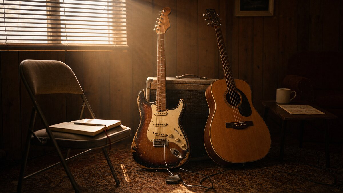 A worn electric guitar and acoustic guitar leaning against a small tube amplifier in a wood-paneled rehearsal room, morning light through dusty blinds.