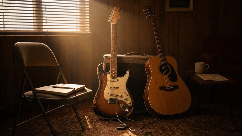 Worn electric guitar and acoustic guitar against a tube amp in a wood-paneled rehearsal room.