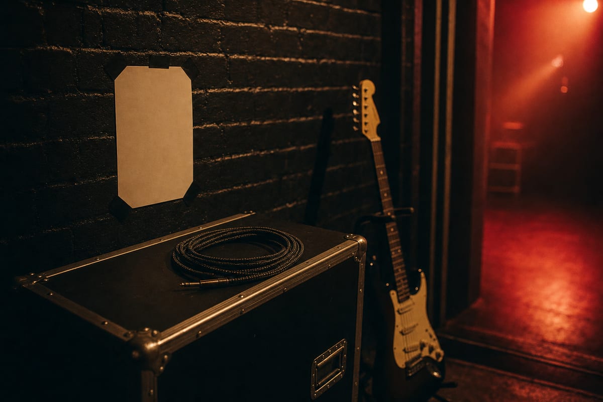 A dim backstage corridor with a road case, a coiled cable, and a setlist taped to a wall in warm stage light, an electric guitar resting on a stand
