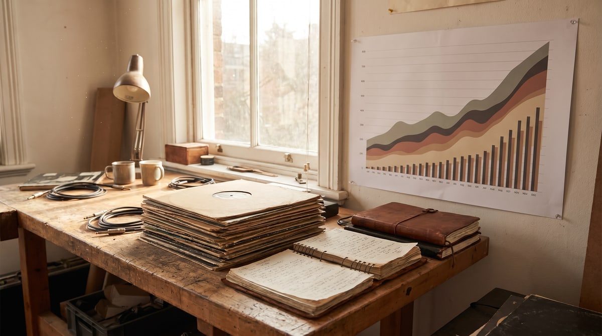 Editorial photograph of an organized music catalog binder beside a laptop on a wooden desk, with a window showing late afternoon light.