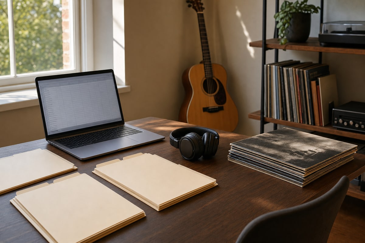 Photograph of an independent artist's working desk in afternoon window light: a closed laptop, a paper notebook of handwritten catalog notes, a small-body acoustic guitar on a stand by the window, a tall shelf of vinyl LPs and books, a closed-back pair of headphones, and a stack of letter-size folders on the wooden tabletop.
