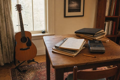 Photograph of a songwriter's writing room with a small-body acoustic guitar by the window, a wooden writing table with a notebook of handwritten lyrics, a hardbound songbook, a portable cassette recorder, and a tall bookshelf of vinyl LPs.