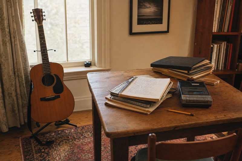 Photograph of a songwriter's writing room with a small-body acoustic guitar by the window, a wooden writing table with a notebook of handwritten lyrics, a hardbound songbook, a portable cassette recorder, and a tall bookshelf of vinyl LPs.