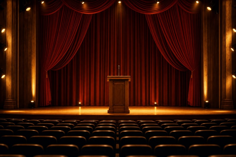 Photograph of a wide empty award venue stage in warm stage lighting: rows of empty theater seats, a podium at center stage with a microphone, deep red curtains, soft gold and amber lighting across the floor. No people, no readable text.