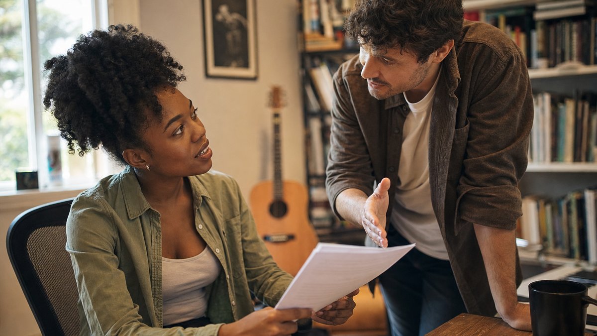Editorial photograph of two songwriters in a home studio rehearsal room, a woman seated holding a document and a man leaning over a table gesturing toward it, acoustic guitar in background, bookshelves behind them, natural window light from left, no readable text or logos visible.