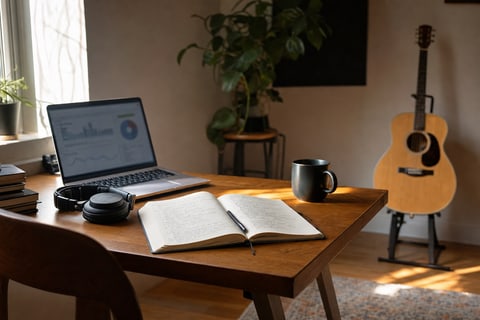Photograph of a working musician's home studio with a laptop showing a streaming analytics dashboard, an open lyric notebook, headphones, a mug, and an acoustic guitar on a stand in afternoon light.