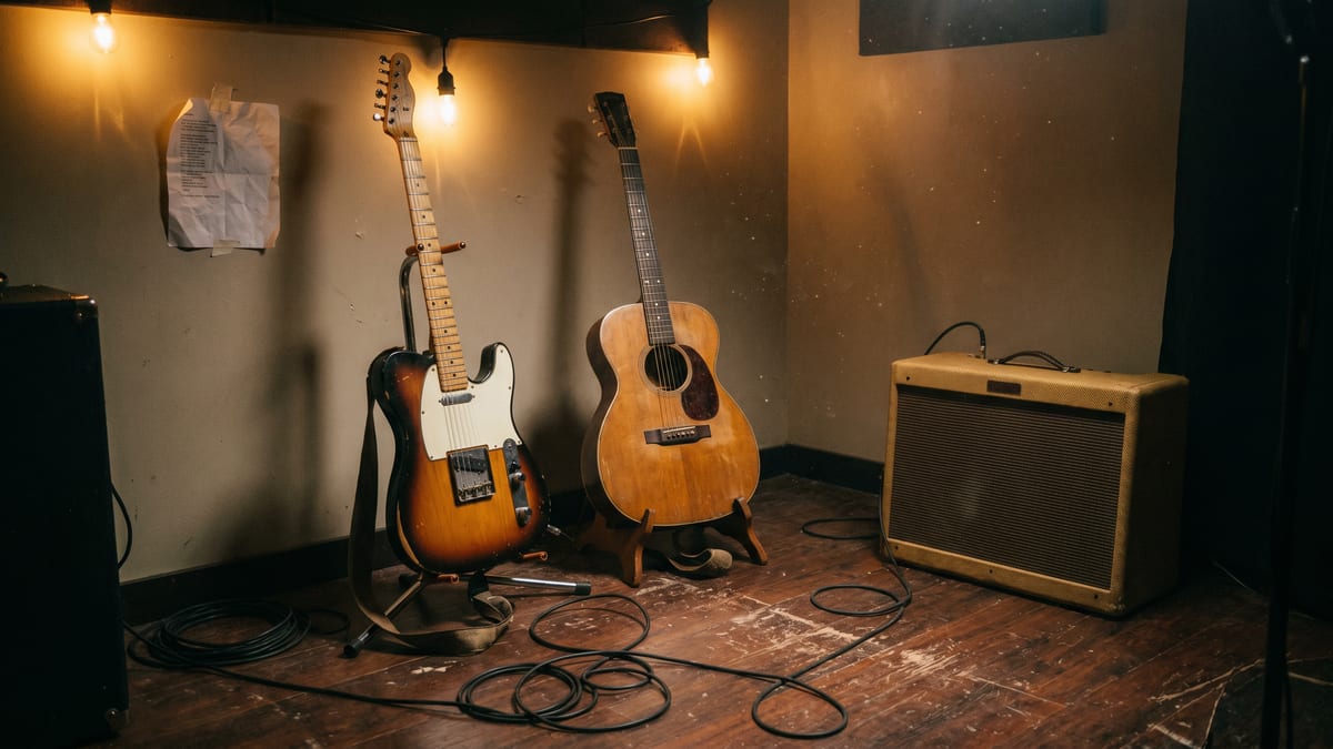 Editorial illustration of a country rock stage at dusk: a worn Telecaster on a stand, a pedal steel guitar at the edge of the riser, an open road map of the American South on the floor, and a Nashville skyline glowing on the horizon beyond a desert highway.