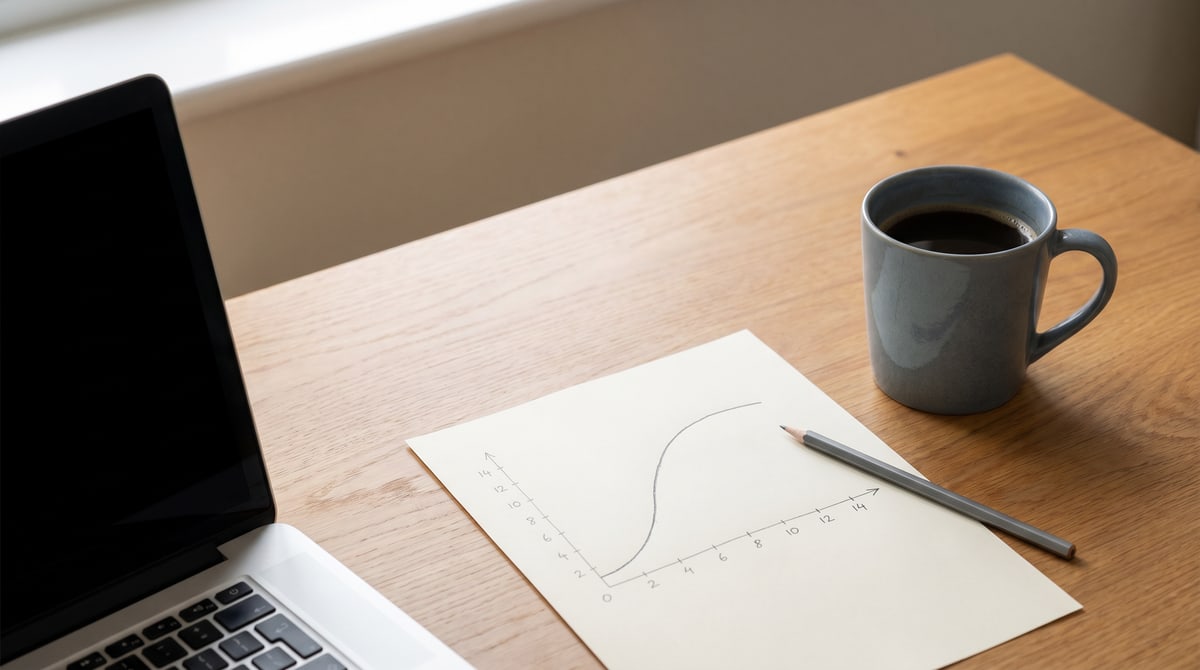 Editorial photograph of a wooden desk in morning daylight: a printed sheet of cream paper in the foreground carrying a hand-drawn line graph that climbs then plateaus across a numbered week axis, a wooden pencil resting beside the curve, a slate-blue ceramic mug of dark coffee at the upper right, and the corner of a closed laptop visible at the left, with bright window light from above.