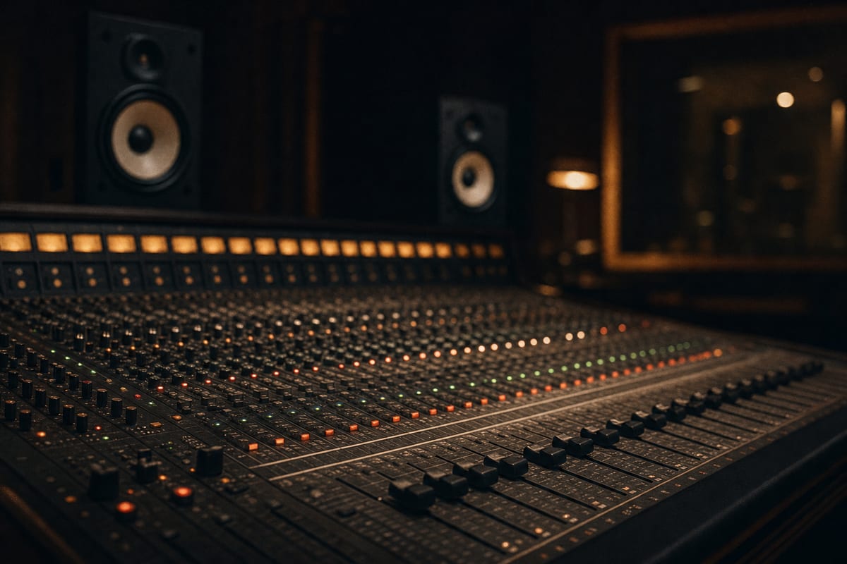 Editorial photo: a home studio desk with a laptop showing a waveform, an audio interface, and a microphone in the background, warm evening light, no readable text