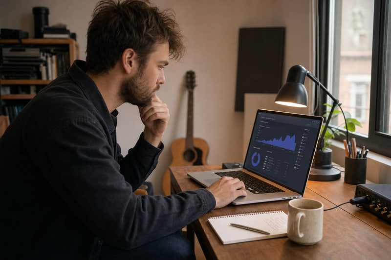 An independent artist reviews streaming analytics on a laptop in a home studio