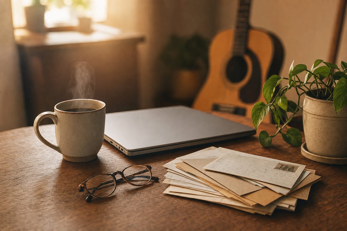Editorial photo: a musician typing on a laptop at a kitchen table with a notebook and coffee nearby, soft morning light, no readable text