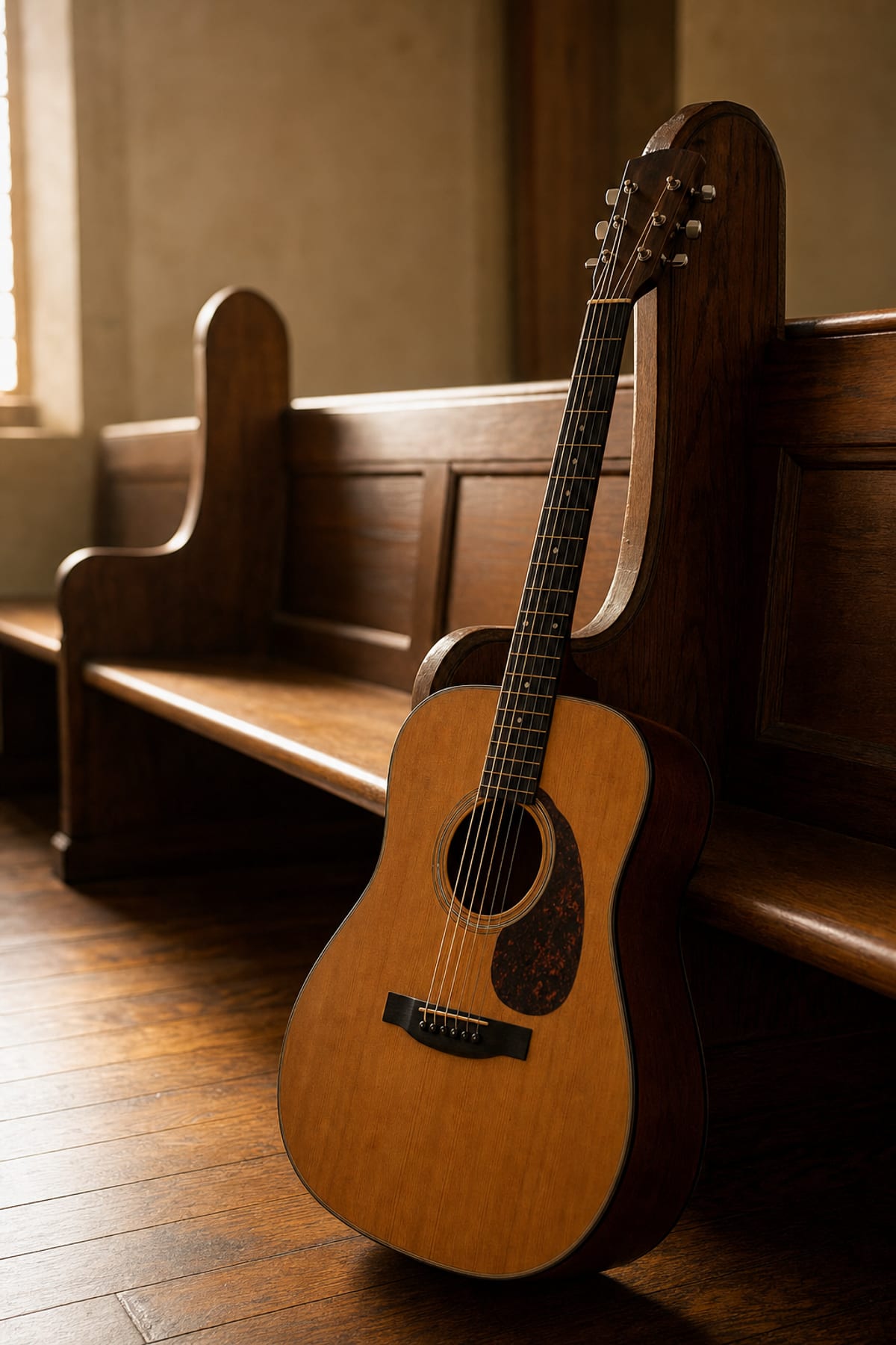 Editorial illustration of a small country church at dusk with a guitar on the front pew and the open road of a Southern town visible through the doorway, evoking the long connection between country songwriting and faith traditions.