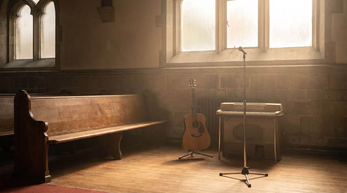 Editorial photograph of a small church sanctuary with a worship team setting up instruments on a low stage in soft natural light streaming through a stained glass window.