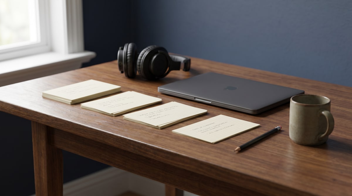 Editorial photograph of five hand drawn cards laid out on a wooden table next to a notebook and a coffee mug in late morning light.
