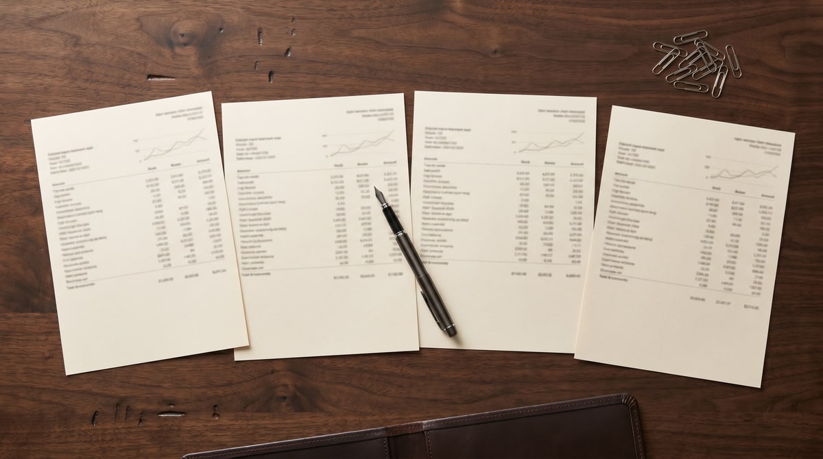 Editorial photograph, top-down view of a dark walnut desk: four printed statement-style pages laid out side by side, each page showing a column of numerical entries and a small upward chart at the top, a black fountain pen lying across the seam between the two middle pages, a small cluster of brushed-steel paper clips at the upper right, and the edge of a leather portfolio at the bottom of the frame.