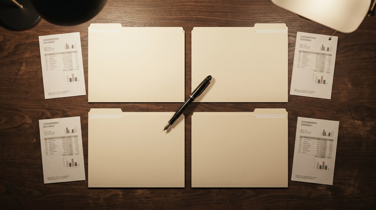 Editorial photograph of a wooden desk with four labeled paper folders showing royalty categories, a calculator, and a notebook in warm window light.