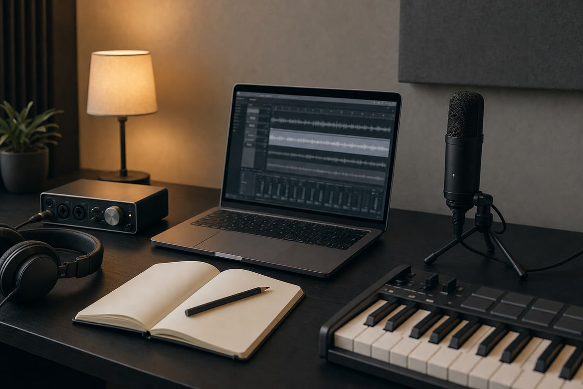 Editorial photograph of a modern home recording studio workspace in soft warm lamp light: laptop open to a blurred dark audio waveform display, compact audio interface, MIDI keyboard at the desk edge, microphone on a short stand, and open notebook with pencil beside the laptop, no readable text or software logos.