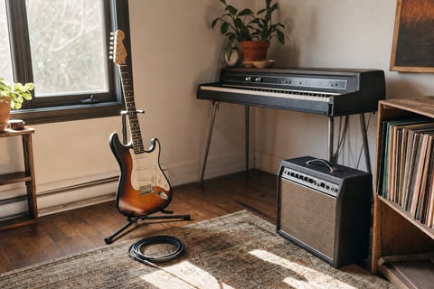 Working musician's listening corner in warm window light: a sunburst electric guitar against an old Wurlitzer electric piano, a vintage hardshell guitar case open with an electric bass laid inside, a crate of vinyl LPs, and a small combo amp.
