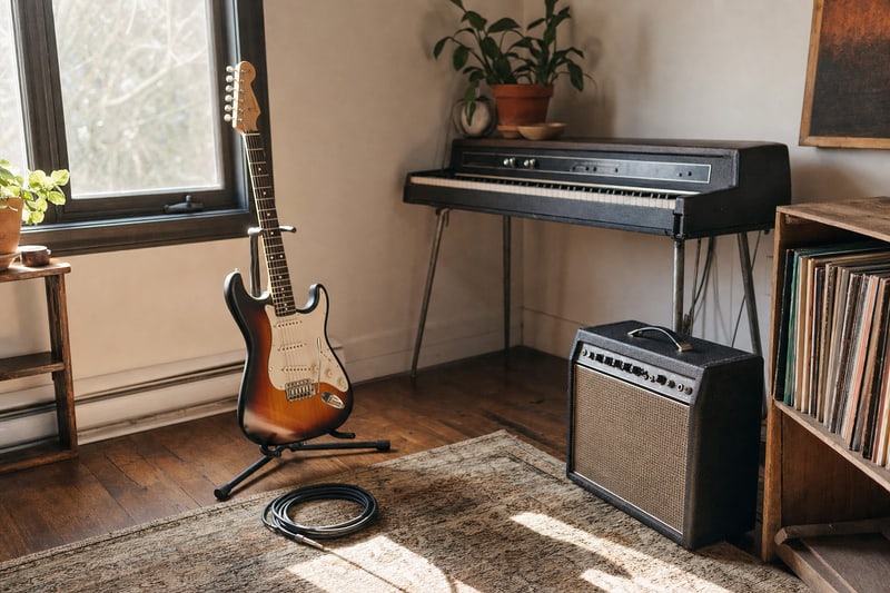 Working musician's listening corner in warm window light: a sunburst electric guitar against an old Wurlitzer electric piano, a vintage hardshell guitar case open with an electric bass laid inside, a crate of vinyl LPs, and a small combo amp.