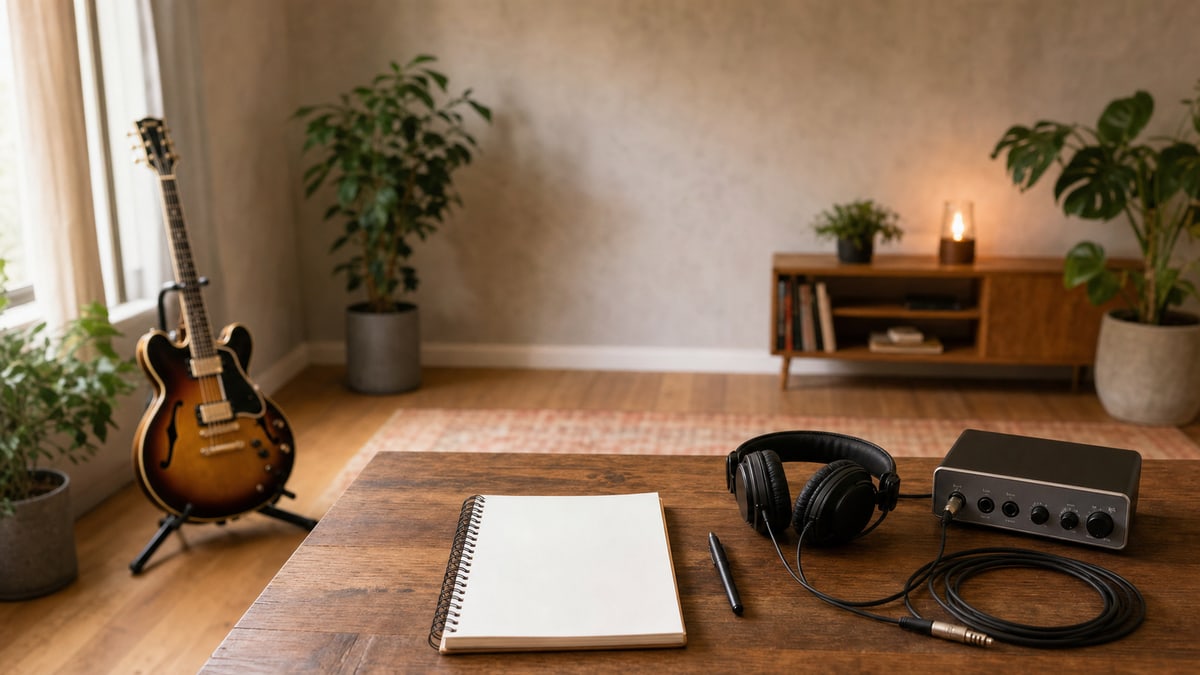 Editorial photograph of an independent musician's working room: a wooden desk in the foreground with a spiral-bound notebook, a pen, studio headphones, an audio interface, and a coiled quarter-inch cable; a semi-hollow electric guitar on a side stand against the back wall with a window and houseplants; a low wooden console with books and a small candle on the right; warm afternoon light across the floor.