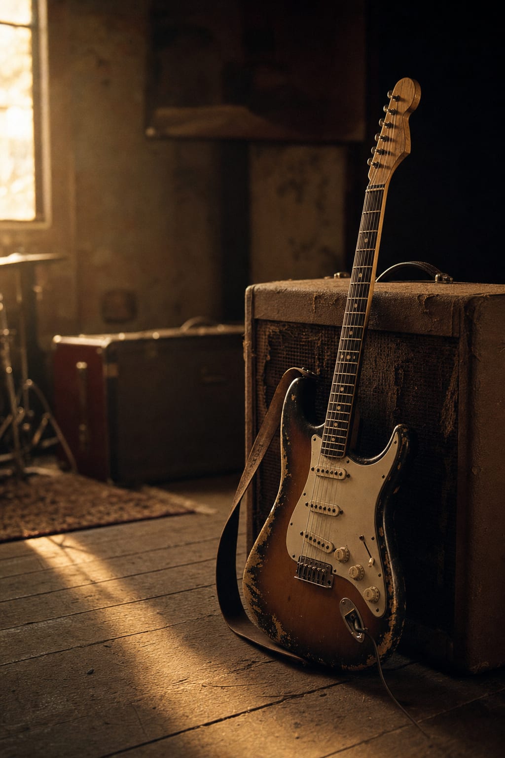 An electric guitar leaning against a worn amplifier in a dim rehearsal space, warm late afternoon light through a side window, no screens or text visible