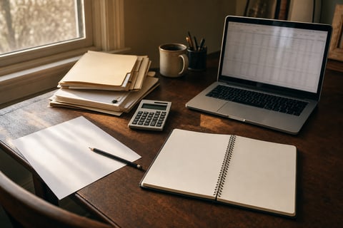 Photograph of a warm wooden desk near a window in morning light: organized songwriter royalty paperwork in manila folders, a simple calculator, a pencil resting on a blank sheet, an open spiral notebook, and a laptop showing a blurred non-readable spreadsheet.