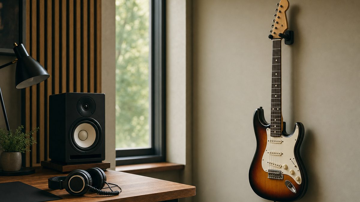An electric guitar on a wall hanger above a home studio desk with headphones and a laptop