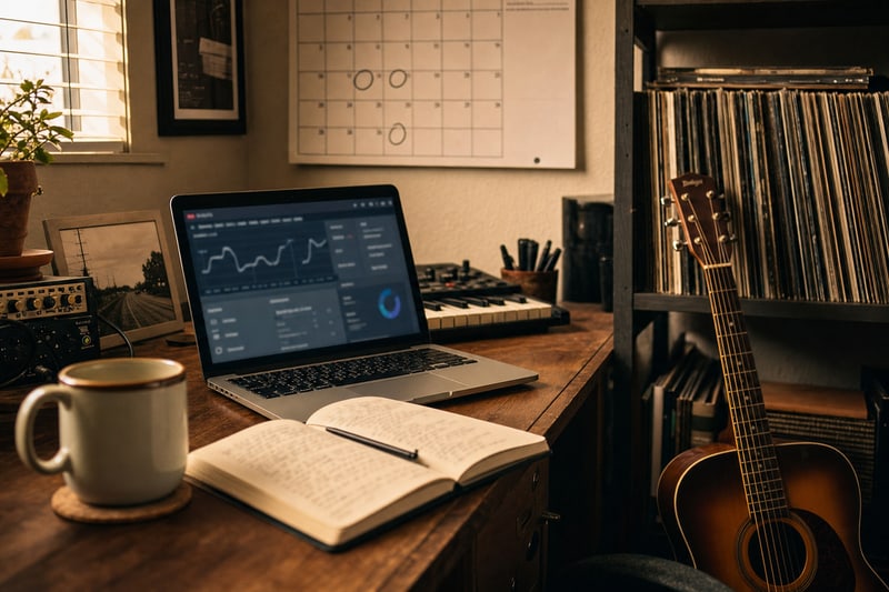 Photograph of a musician home studio workspace in warm afternoon light: a laptop open to a streaming dashboard with blurred non-readable data, a wall calendar with pencil circles on dates, vinyl records on a shelf, a small acoustic guitar leaning nearby, an open notebook with a pen, a ceramic mug. No readable text. Quiet documentary still-life, restrained Americana palette.