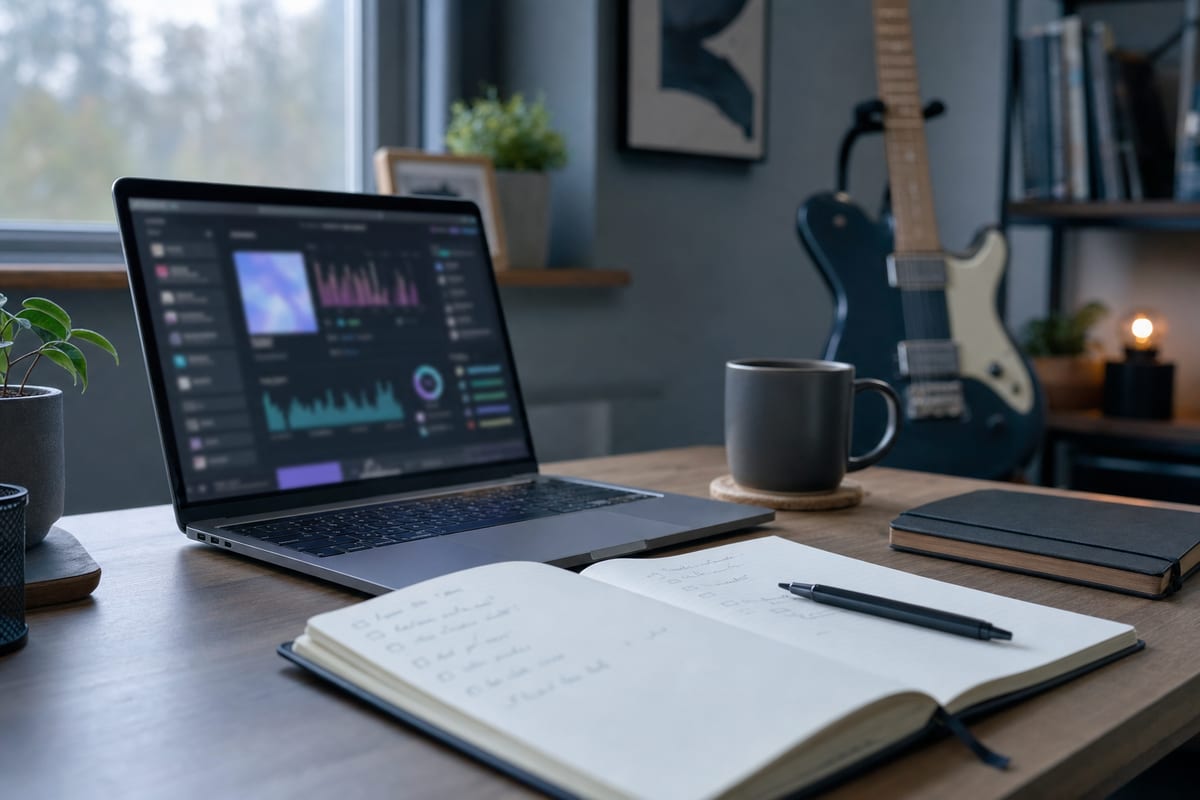 A tidy desk with an open laptop showing a blurred music dashboard, a notebook with a release checklist, and a mug, an electric guitar resting on a stand near a window