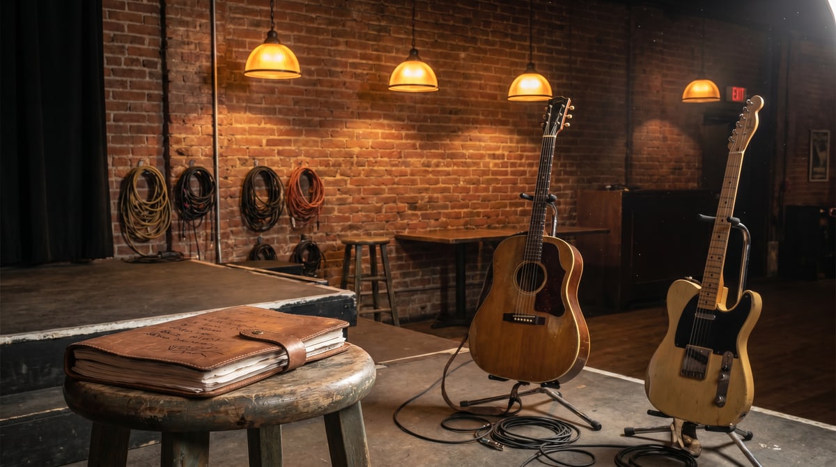 Editorial photograph of an independent country and Americana venue with a small stage, a wooden floor, framed posters on the walls, and a guitar leaning against the bar in warm evening light.
