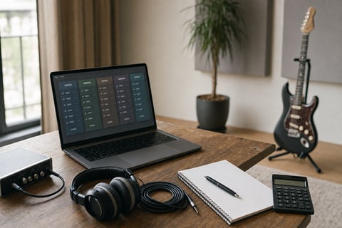 Photograph of an independent artist's home office with a closed laptop on a wooden desk, a notebook open to a handwritten decision-tree diagram, release-schedule index cards, a brass desk lamp, an audio interface, and an electric guitar on a stand.