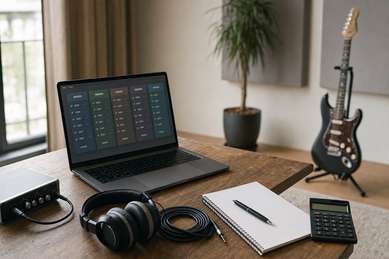 Photograph of an independent artist's home office with a closed laptop on a wooden desk, a notebook open to a handwritten decision-tree diagram, release-schedule index cards, a brass desk lamp, an audio interface, and an electric guitar on a stand.