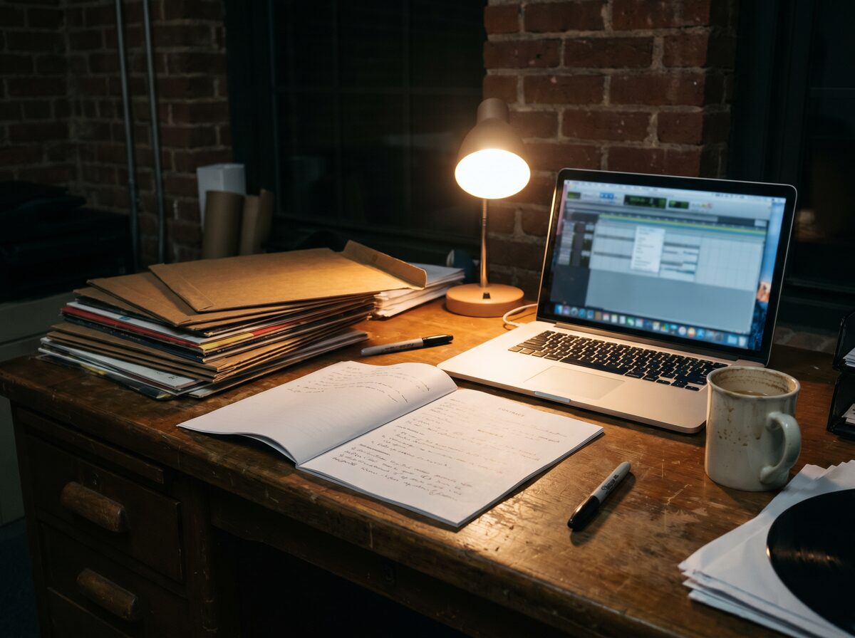Editorial photograph of an independent label desk at night under warm lamp light: a stack of kraft and color file folders on the left, a ceramic mug, an open spiral notebook with a handwritten page headed CONTRACT, a black marker, an open laptop on the right showing a digital audio workstation session timeline, and a brick wall behind the desk.