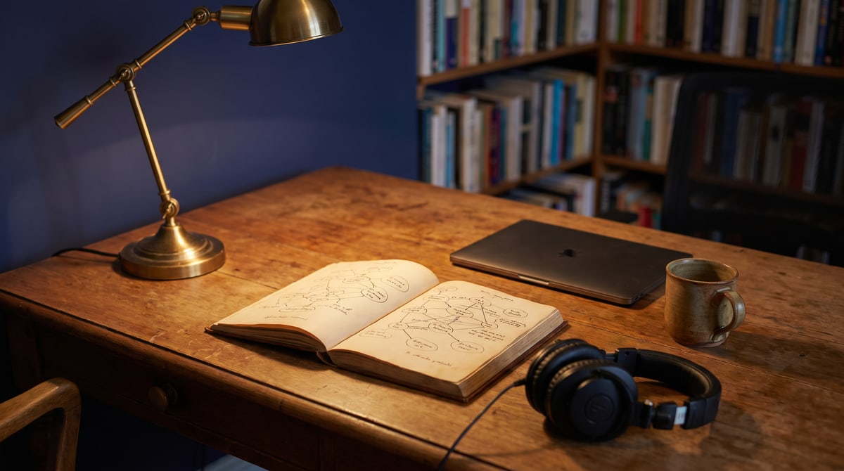 Editorial photograph of a wooden desk under warm lamp light: a brass articulating desk lamp at the upper left, an open hardback notebook in the center showing two facing pages of handwritten network diagrams (small circles connected by lines), a closed laptop to the right, a pair of dark over-ear studio headphones lying flat in front of the laptop, a stoneware mug at the right edge, and tall bookshelves softly out of focus in the background against a deep indigo wall.