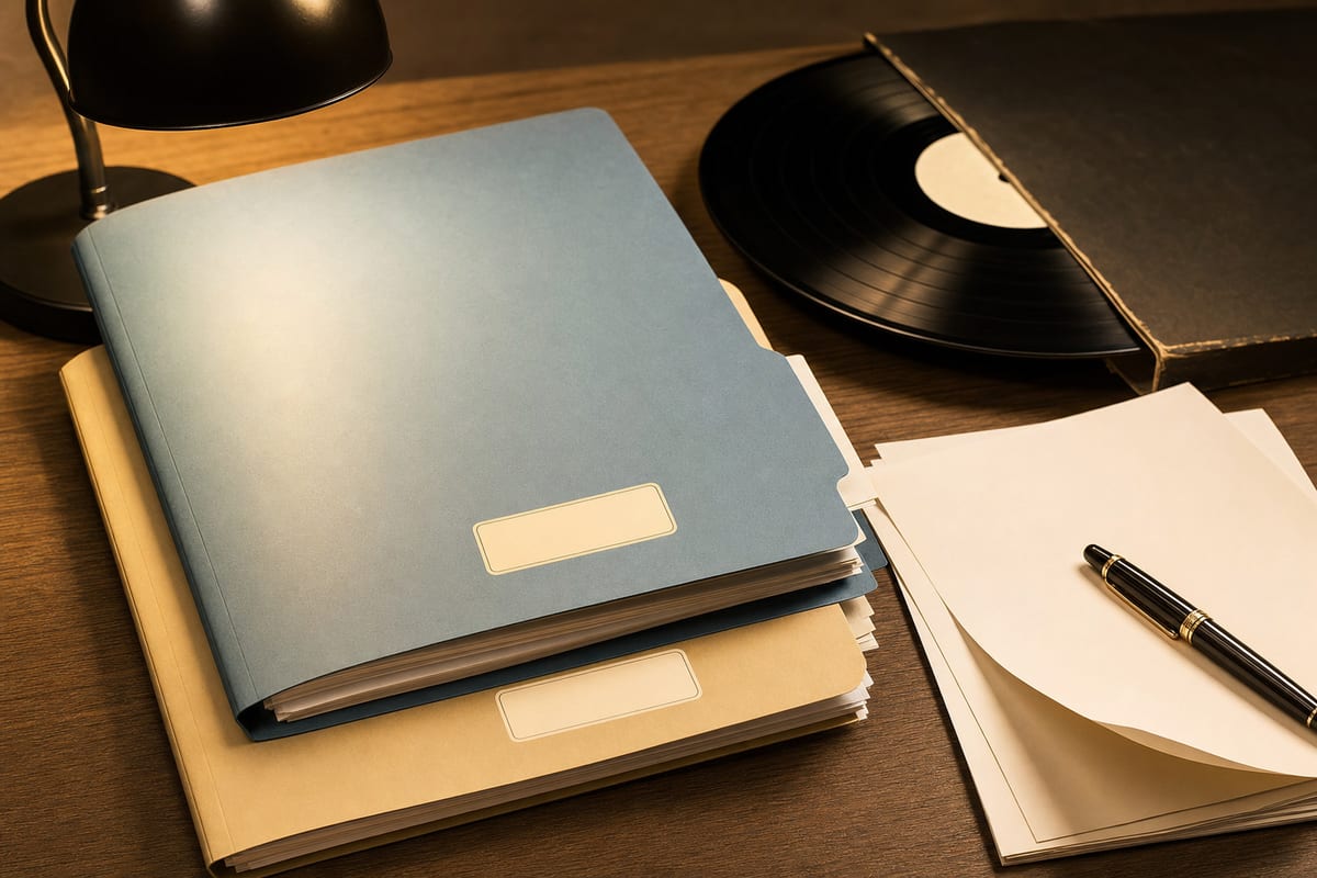 Editorial photograph of two identical plain manila folders on a dark wood desk, set side by side under even diffused window light beside an unbranded mug and a fountain pen.