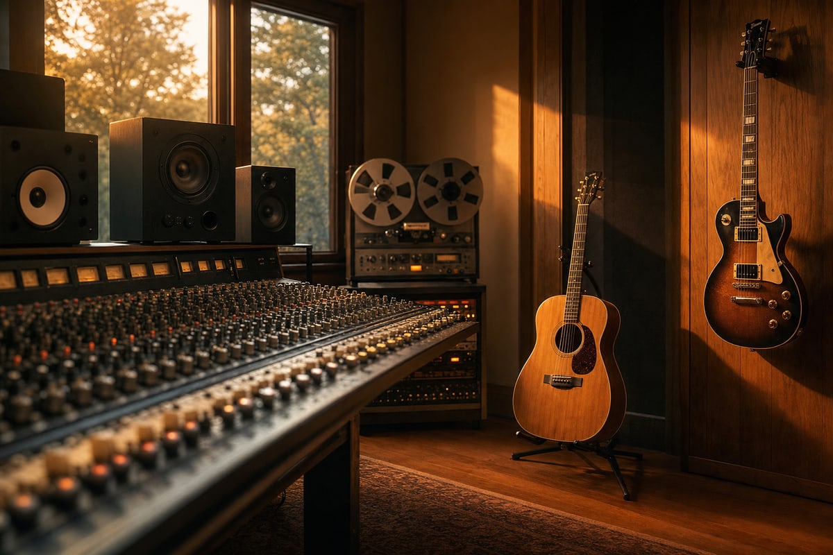 A recording engineer reviewing session files on a mixing console in a professional studio