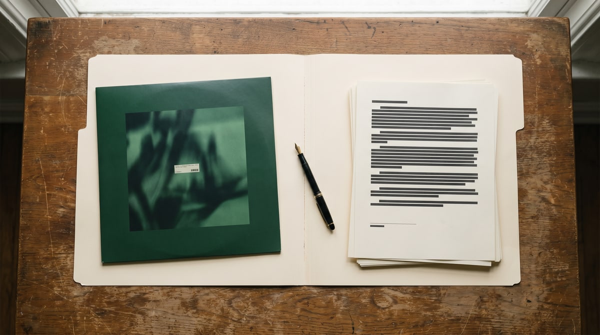Editorial photograph, top-down view of a worn wooden desk: an open manila folder spread flat across the frame, the left side holding a deep forest-green record sleeve with a small white label, the right side holding a stack of printed pages whose text lines are intentionally blocked out into solid bars, a black fountain pen lying diagonally across the seam between the two halves, and soft daylight from above.