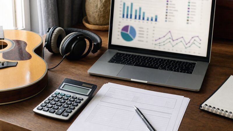 A songwriter's desk with a laptop open to a publishing portal, handwritten ISRC code notes, a recording contract, and a streaming royalty statement under warm professional light.