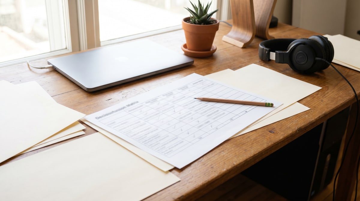 Editorial photograph of a wooden desk with a laptop showing a music distribution dashboard, a paper checklist of platforms, and a coffee mug in afternoon light.